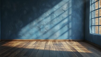 Fondo de pared azul con sombras y luces de ventana y suelo de madera. - obrazy, fototapety, plakaty