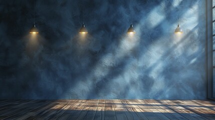 Fondo de pared azul con sombras y luces de ventana y suelo de madera. --ar 16:9 --stylize 250 --v 6 Job ID: 90ba82ef-e784-44f0-96ef-b5aa43b78bde - obrazy, fototapety, plakaty