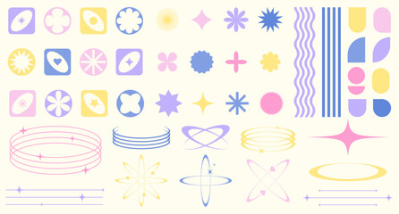 Set of abstract retro futuristic colorful elements and shapes brutalism, Y2K style. Y2K geometric shapes, forms, symbols for template social media, poster, banner, logo, stickers, web