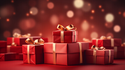 red gift boxs with gold ribbon bow tag and golden decorations on black background, generative ai