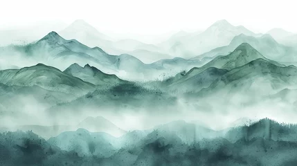 Poster Minimalistic landscape art background with mountains and hills in blue and green colors. Abstract banner in oriental style with watercolor texture for decor, print, wallpaper © Thanthara