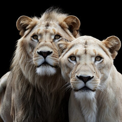 a large lion with a white lioness on a dark background