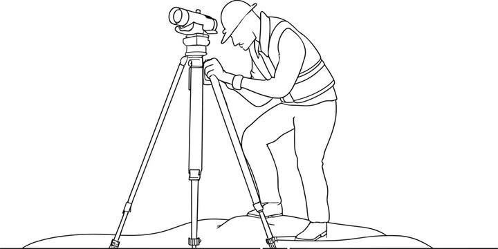 Line drawing of a Land surveying: A surveyor employing a theodolite on a tripod, conducting construction survey, theodolite usage, topographic survey, civil engineering