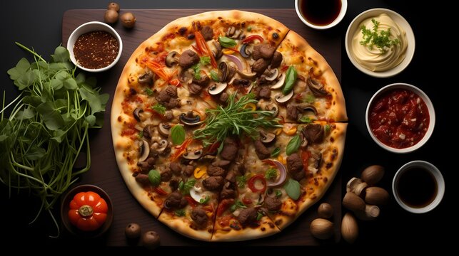 Top view of a gourmet pizza mockup on a solid background