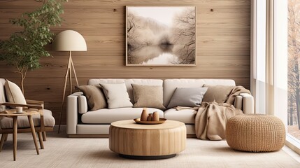 Cozy living room with wood wall, stylish sofa, round coffee table, braided pouf, brown sideboard, branch vase, beige lamp, and personal accessories.