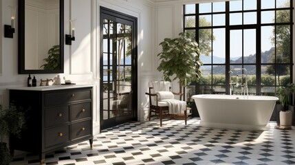A a classical bathroom with checker floor tile and white wall tile with a brick pattern, adorned with a black wood cabinet. The rooms feature large open windows that provide a view of the terrace and