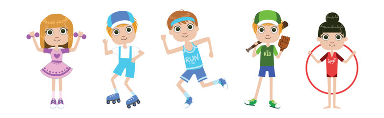 Happy Children Enjoy Sport Physical Activity and Training Vector Set