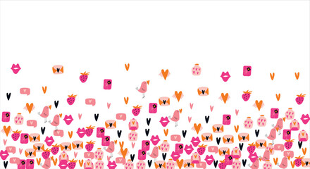 Bright frame background with Valentine's Day elements. Blank postcard, invitation to a holiday, wedding. Doodle. Vector illustration.