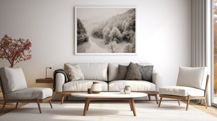Modern interior living room with a Scandinavian vibe, featuring a illustration of a poster frame.