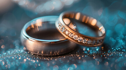 two wedding rings with empty copy space, wedding advertising - obrazy, fototapety, plakaty