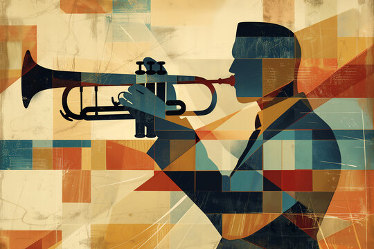 Afro-American male jazz musician trumpeter playing a brass trumpet in an abstract cubist style painting for a poster or flyer, stock illustration image 