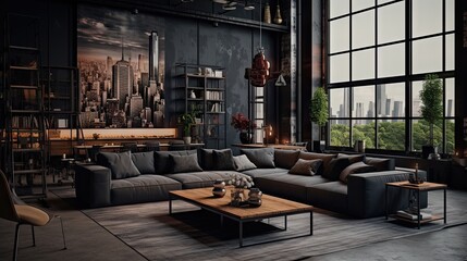 dark living room with an industrial style - obrazy, fototapety, plakaty