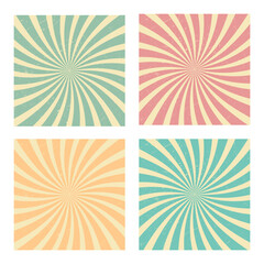 Vintage sunburst background with texture. A set of pictures with sun rays in pastel colors. Vector illustration.