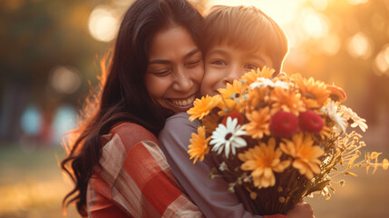 Grateful ethnic mother with bouquet huggin