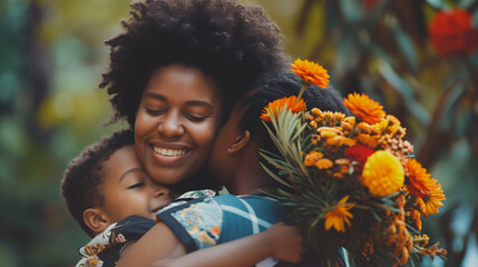 Grateful ethnic mother with bouquet huggin