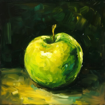 A green apple shown on an abstract impressionism still life oil painting canvas, close-up stock illustration image