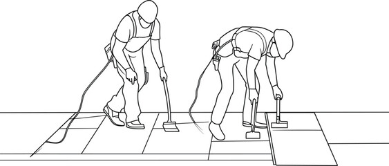 Obraz na płótnie Canvas Single line drawing: specialists laying down ceramic tiles, flooring installation, tile laying, construction finishing, floor design, ceramic tiles