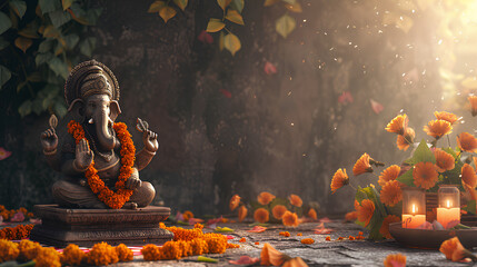 Ancient altar to the god Ganesh in a Hindu temple. Hinduism religion and Indian culture concept. For Ugadi, Gudi Padwa Hindu New Year celebration. Lifestyle shot for wallpaper, banner, poster