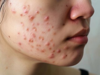A close-up view of severe acne on the cheek