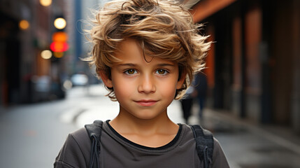 Smiling kid boy with stylish hairstyle outdoors. Looking at camera. Teenage boy