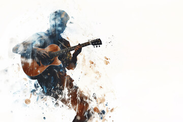 Male guitarist musician playing an acoustic guitar in an abstract music style distressed vintage watercolour painting for a poster or flyer, stock illustration image isolated on a white background  - obrazy, fototapety, plakaty