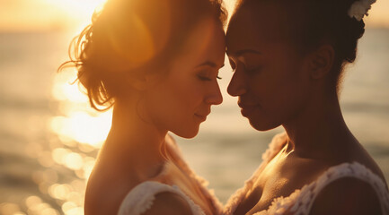 Destination wedding bridal portrait of young queer interracial lesbian couple embracing outside on tropical island beach at sunset