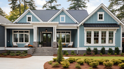 Gray new construction modern cottage home.