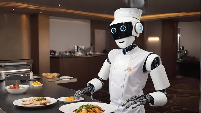 Chef Robot in the restaurants kitchen to prepare meal, wearing appron and hat