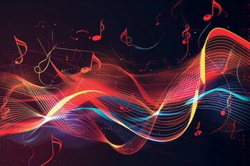 Melody flowing music wave  abstract background showing colourful music notes which are musical notation symbols, stock illustration image  - obrazy, fototapety, plakaty
