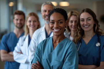Diverse group of happy healthcare professionals posing together - obrazy, fototapety, plakaty
