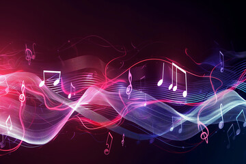 Melody flowing music wave  abstract background showing colourful music notes which are musical notation symbols, stock illustration image  - obrazy, fototapety, plakaty