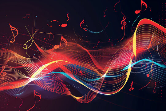 Melody flowing music wave  abstract background showing colourful music notes which are musical notation symbols, stock illustration image 