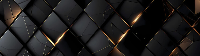 Ultra-wide canvas, a striking black abstract composition, meticulously crafted monochrome design with a precise and tidy symmetrical pattern of parallelogram tiles accented by gleaming gold edges