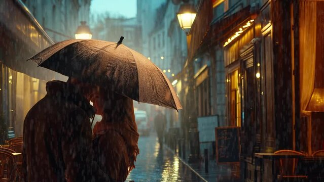romantic couple sharing an umbrella on a rainy night on a valentines date in Paris France