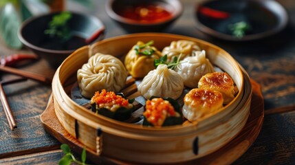 dynamic composition featuring miniature dim sum, with tiny dumplings and buns arranged on a...