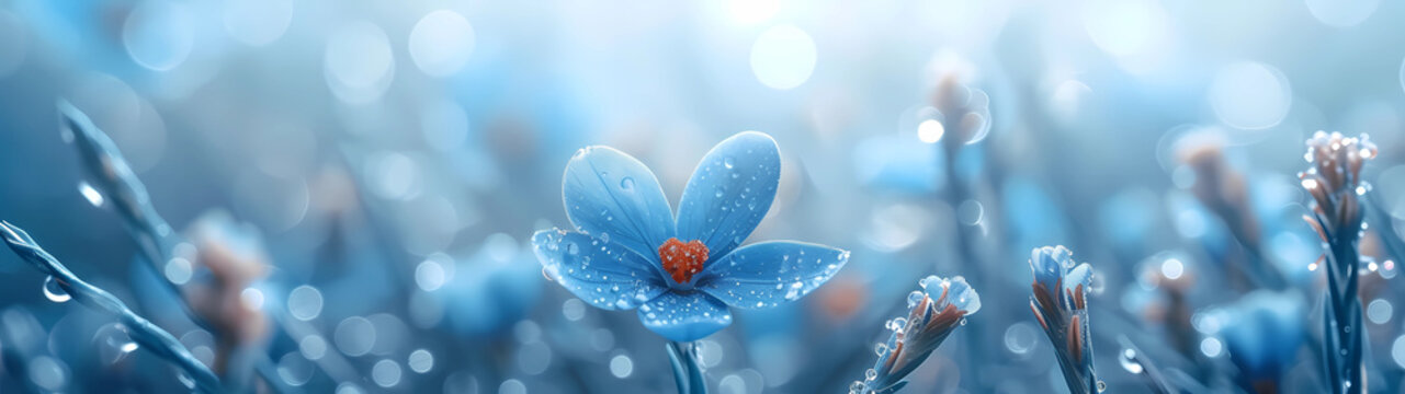 A gentle rain descends upon a field adorned with pretty blue flowers, as a serene blissful breeze softly whispers its way through the air, creating a tranquil and picturesque ultra-wide scene