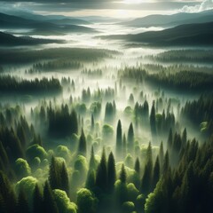 Drone shot looking down on a boreal forest with misty ground