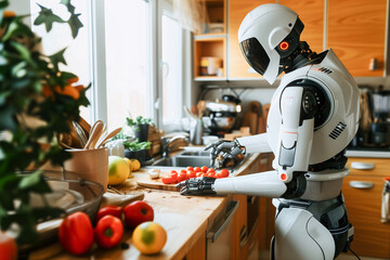 A shiny white humanoid android preparing ingredients in a bright domestic kitchen to do some cooking. Concept of a robot performing duties at home.