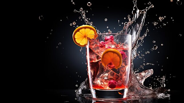 Cocktail in glass with splashes. copy space for text. image of alcohol.
