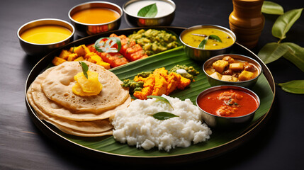 Group of South Indian food like Masala Dosa.