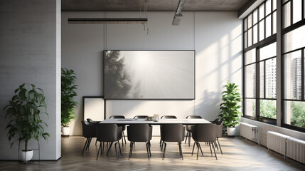 Grey conference room interior with poster.