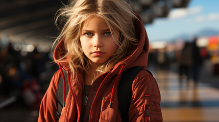 Fototapeta premium Sweet little girl outdoors with curly hair in the wind urban background