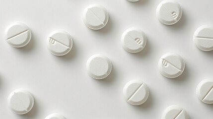 Group individually isolated pills over a white.