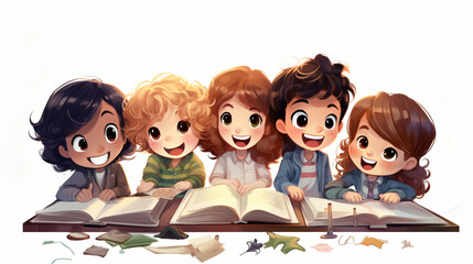 Group of children doing homework cartoon illustra