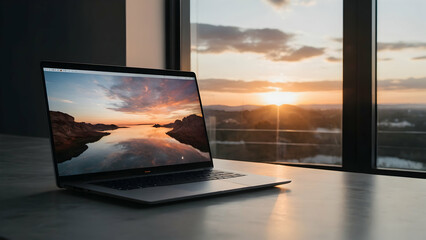 Laptop with sunset landscape view with copy space 