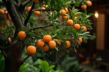 Ripe sweet apricots on a tree growing in front of the house. Concept of organic healthy food and non-GMO fruits.

