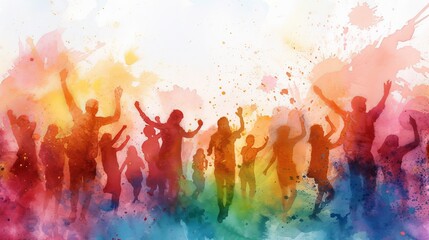 Watercolor happy people on the street in India in colored powder rejoice at the holiday, cheerful celebration of the holy festival of Holi
