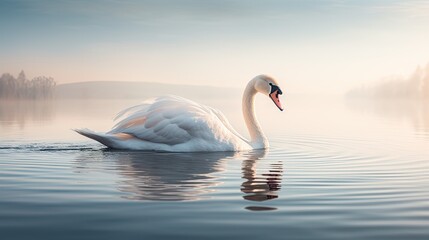 Elegant swan on calm lake, smooth glide, symmetrical reflection, meditative ambience
