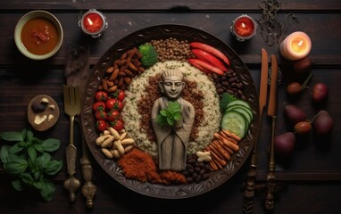 Plate With Buddha Statue Surrounded by Food