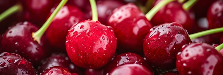 Juicy red washed cherries close-up. Concept of organic healthy food and non-GMO fruits, banner
